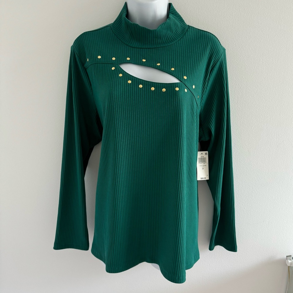 I.N.C. Emerald Green Long Sleeve Gold Studded with Chest Slit Winter Women’s Top